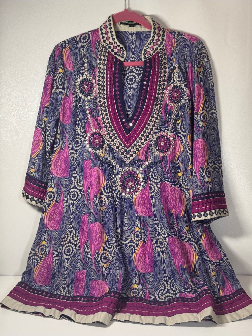 Key Lime & Pink Women’s Medium Cotton Tunic Dress Mirror Work Embroidered Boho